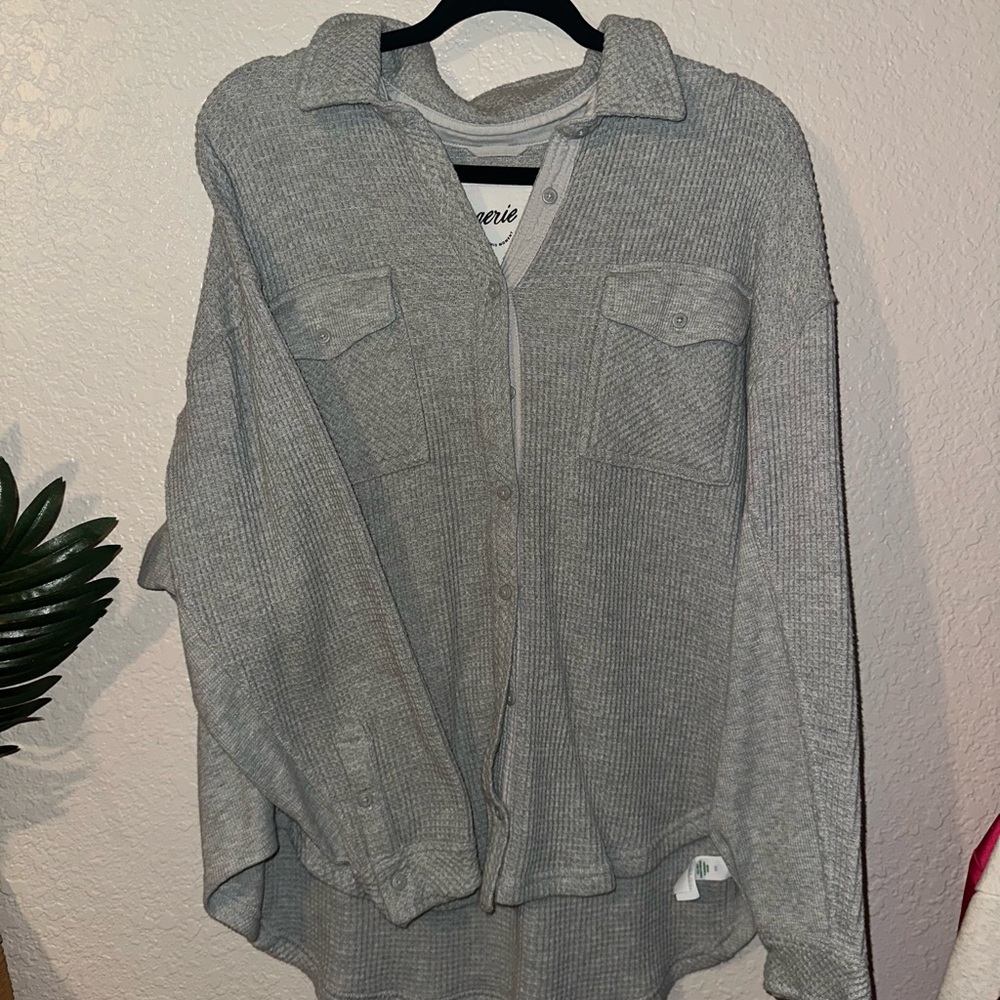 Aerie Waffle Knit Shacket Oversized Gray Button-Up Shirt